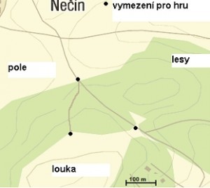 Takto vypadal plánek, dějiště hry bylo mezi 3 zvýrazněnými body.